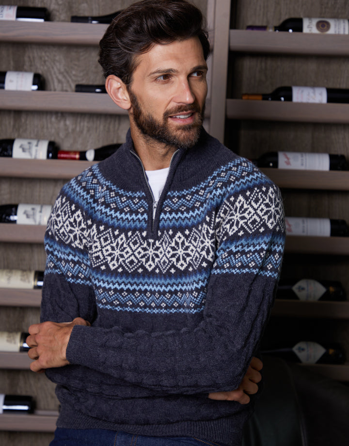 Navy Fairisle Cable Knit Quarter Zip Jumper