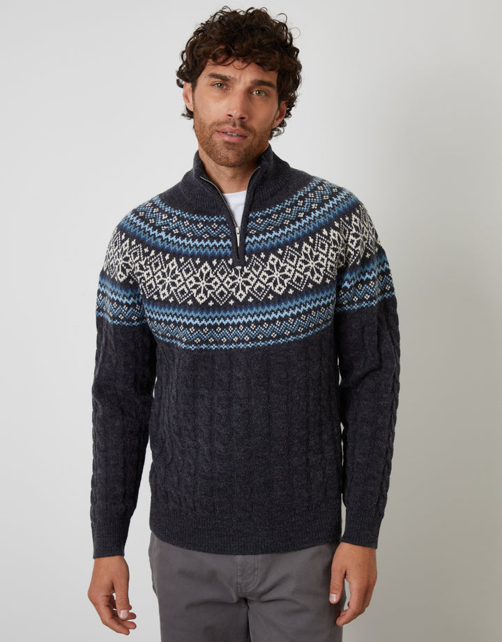 Navy Fairisle Cable Knit Quarter Zip Jumper