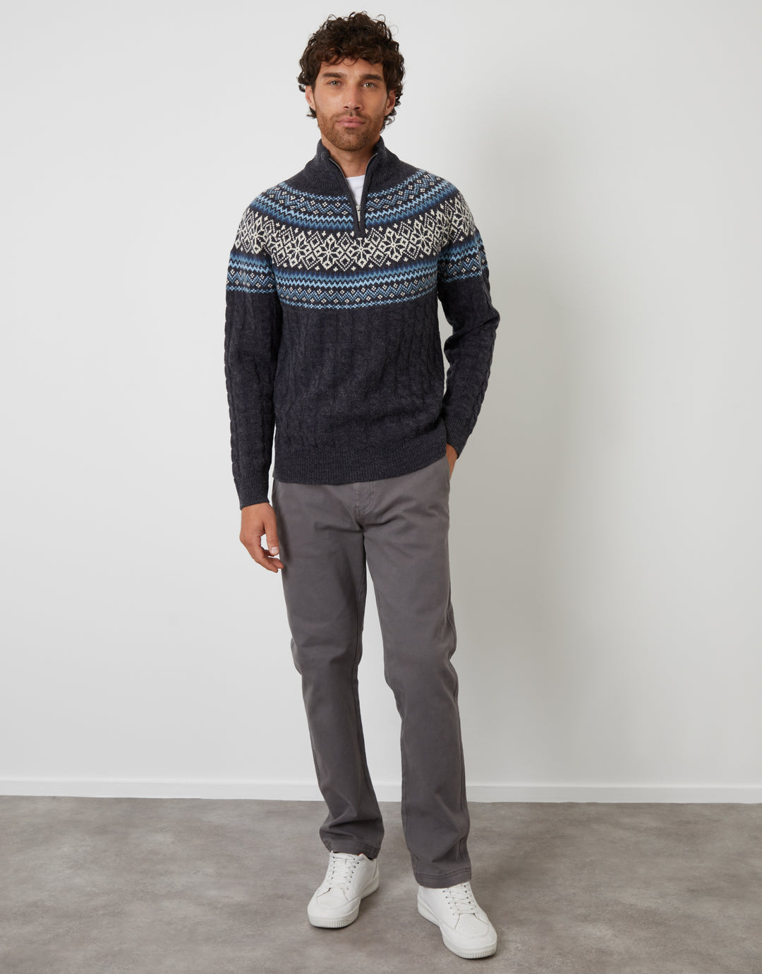 Navy Fairisle Cable Knit Quarter Zip Jumper