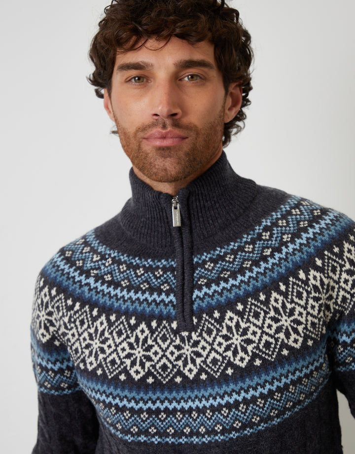 Navy Fairisle Cable Knit Quarter Zip Jumper