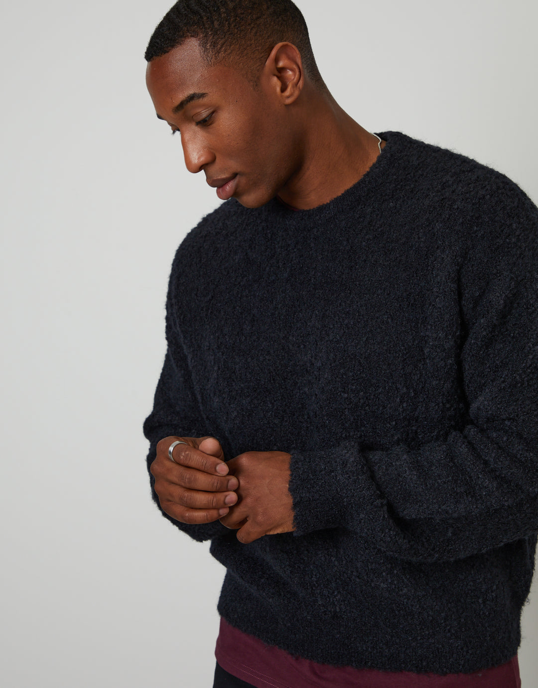 Navy Fluffy Knit Crew Neck Jumper