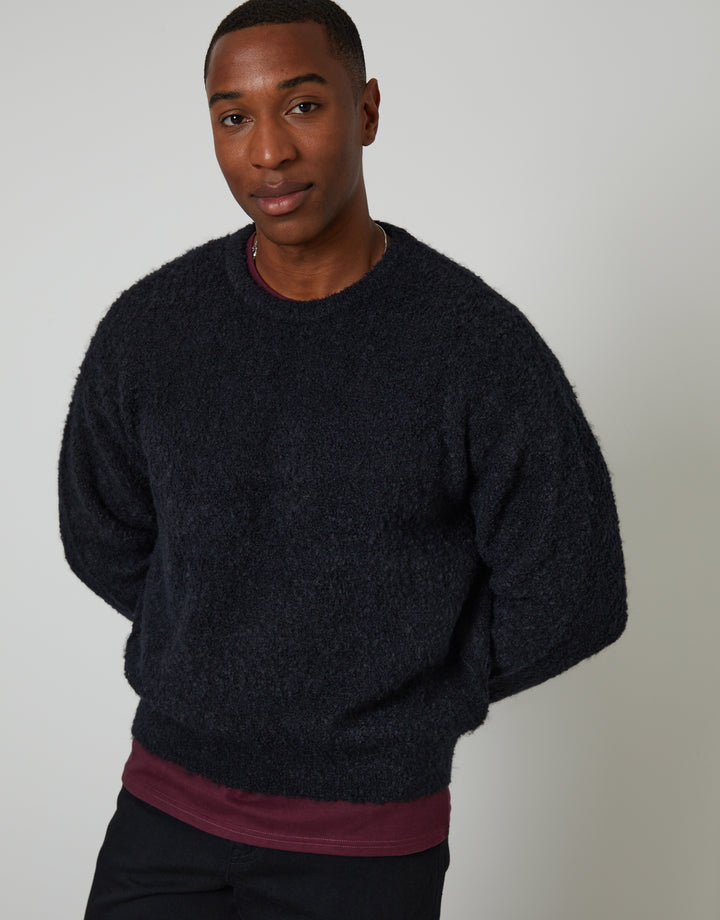 Navy Fluffy Knit Crew Neck Jumper