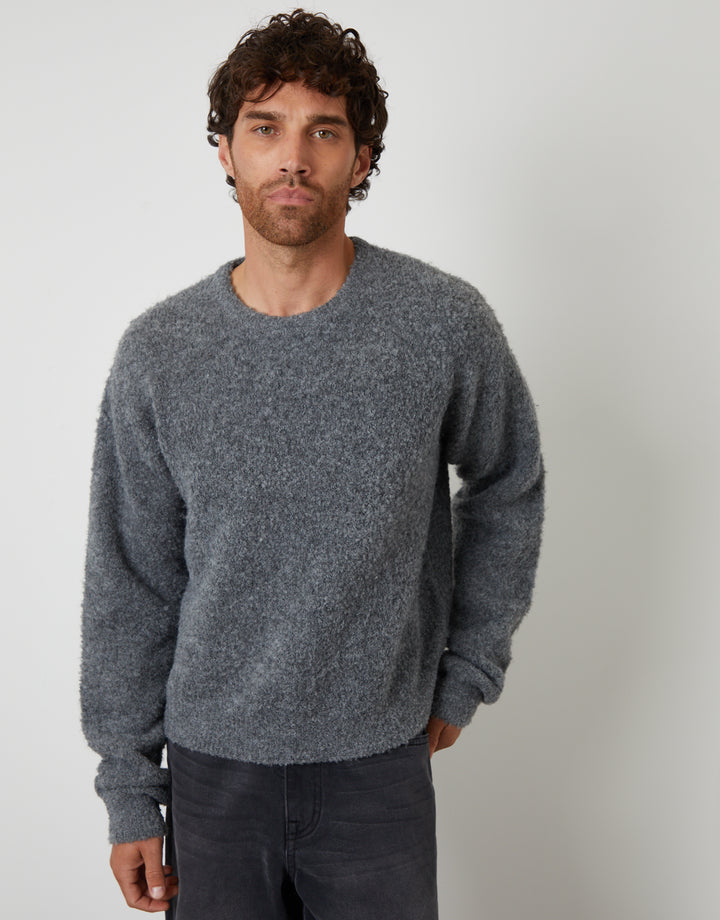 Grey Fluffy Knit Crew Neck Jumper