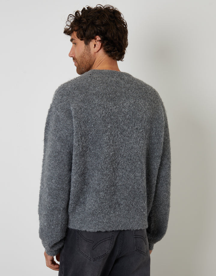 Grey Fluffy Knit Crew Neck Jumper