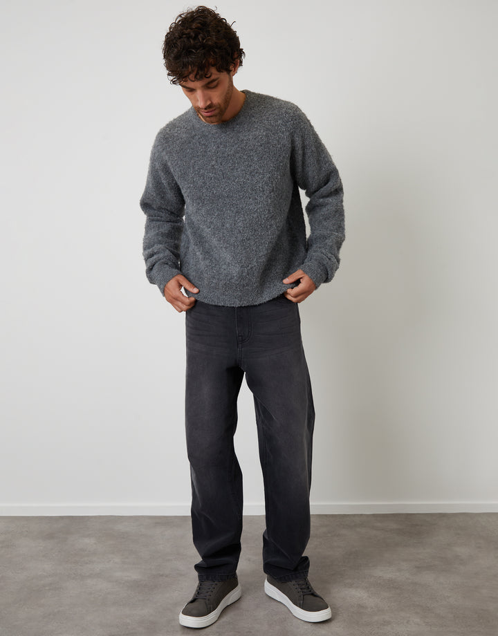 Grey Fluffy Knit Crew Neck Jumper