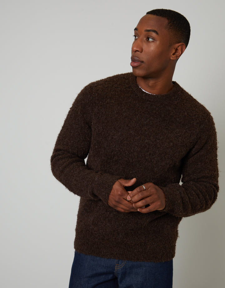 Chocolate Brown Fluffy Knitted Crew Neck Jumper