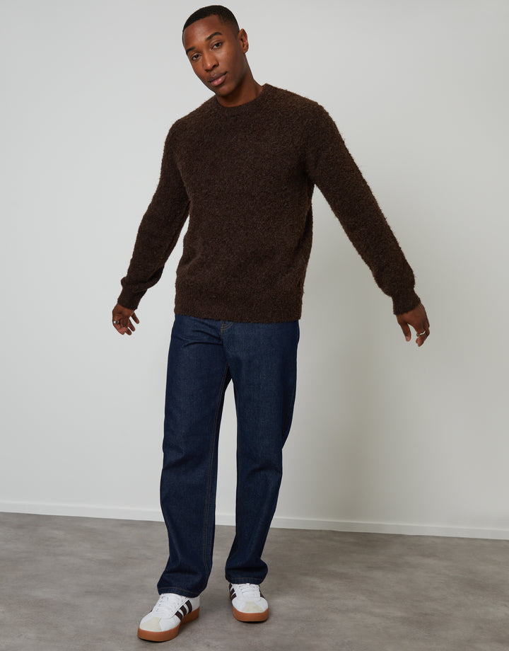 Chocolate Brown Fluffy Knitted Crew Neck Jumper