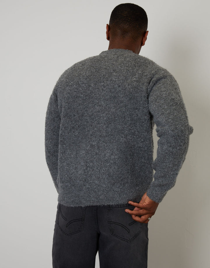 Grey Fluffy Knitted Button Up Cardigan