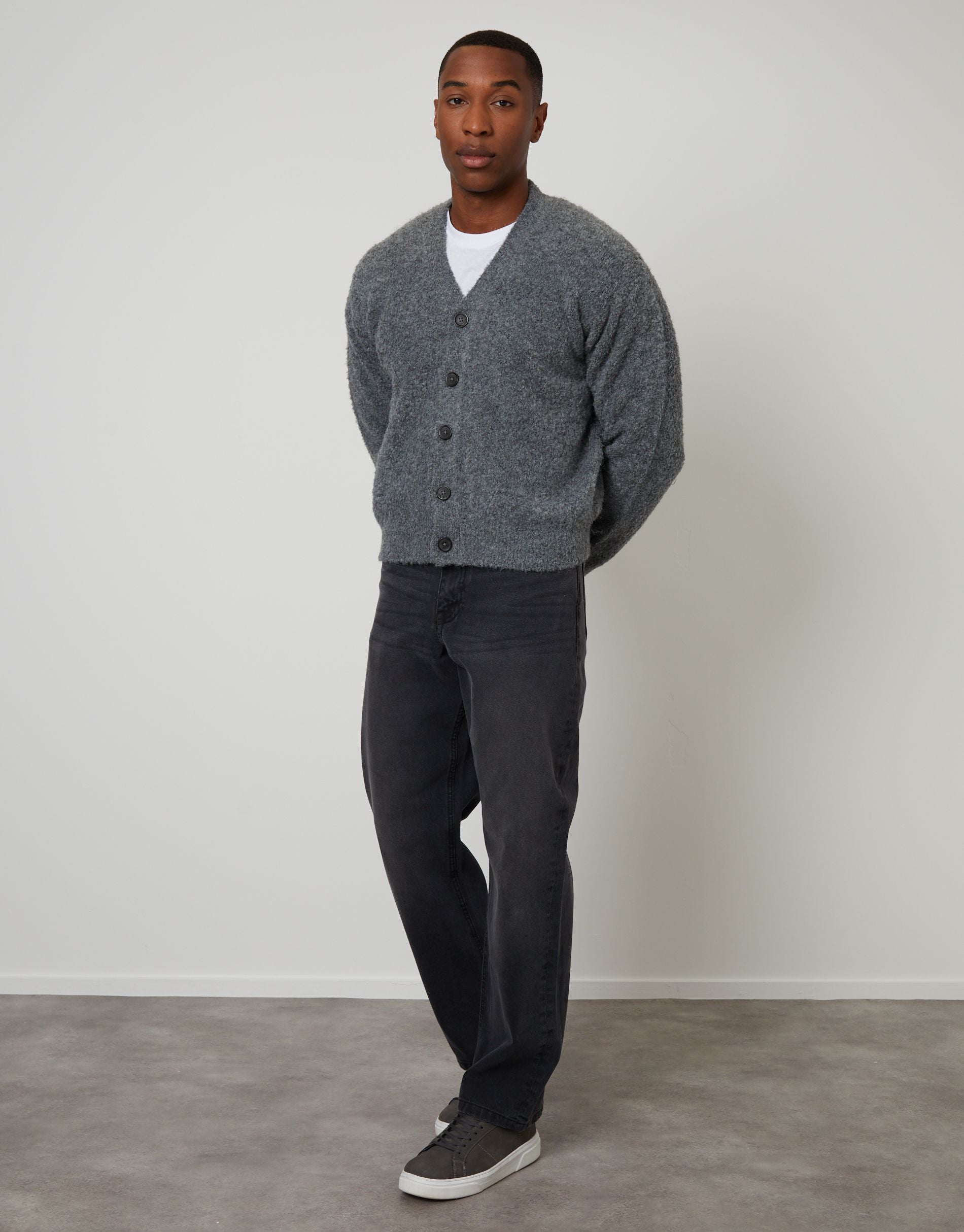 Threadbare Men's Grey Fluffy Knitted Button Up Cardigan