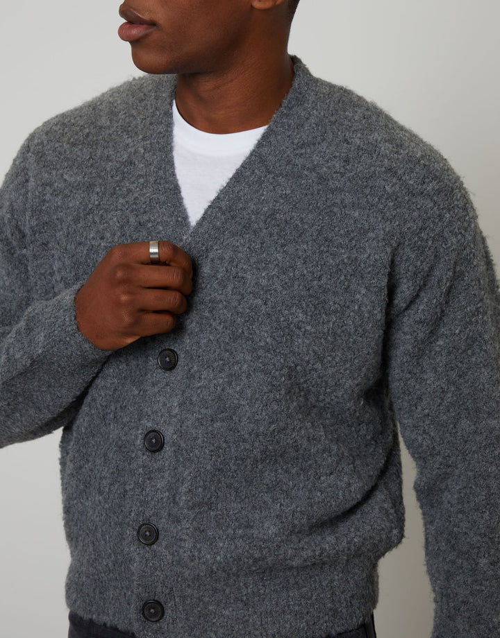Grey Fluffy Knitted Button Up Cardigan