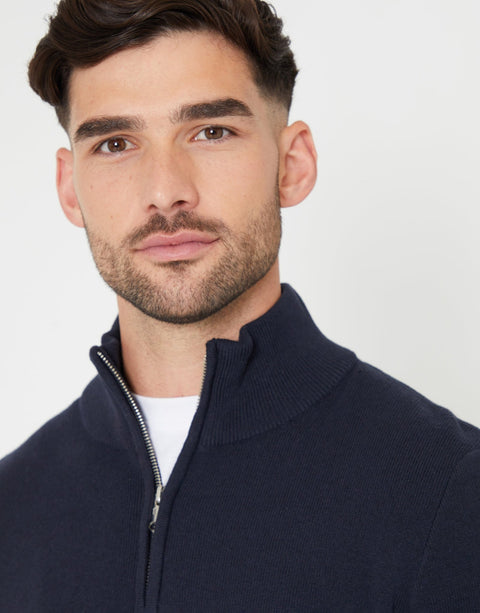 Threadbare Knitted Quarter Zip Jumper in Navy - collar close up