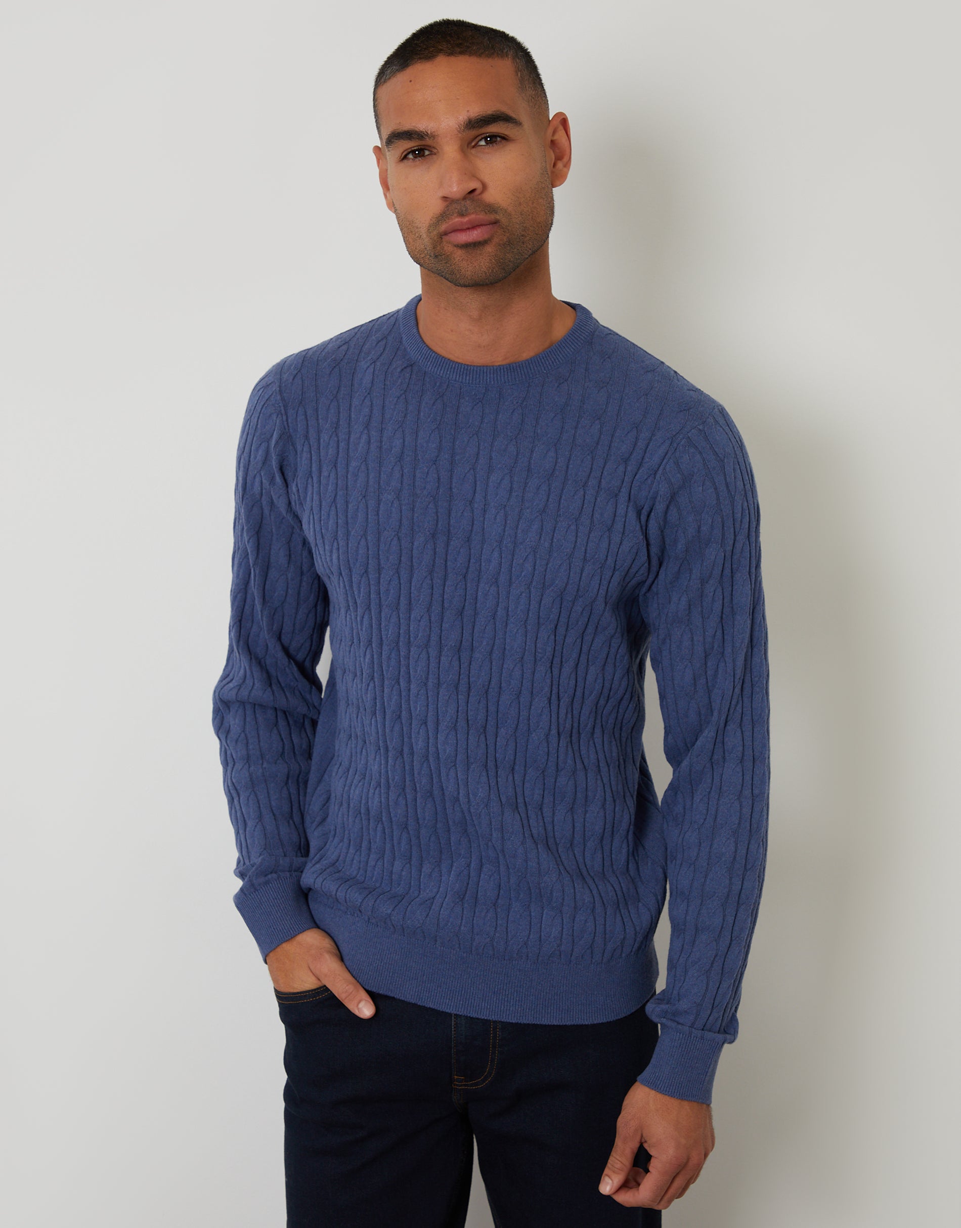 Cable Knit Crew Neck Jumper in Blue