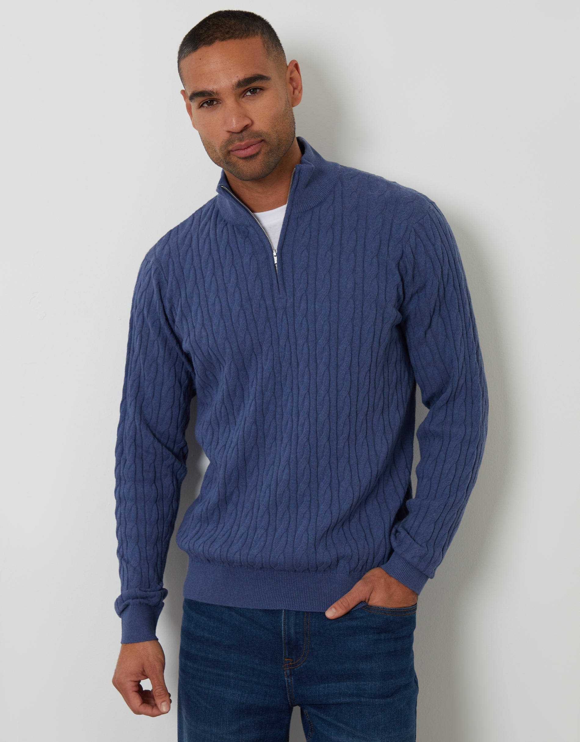 Cable Knit Quarter Zip Jumper in Blue