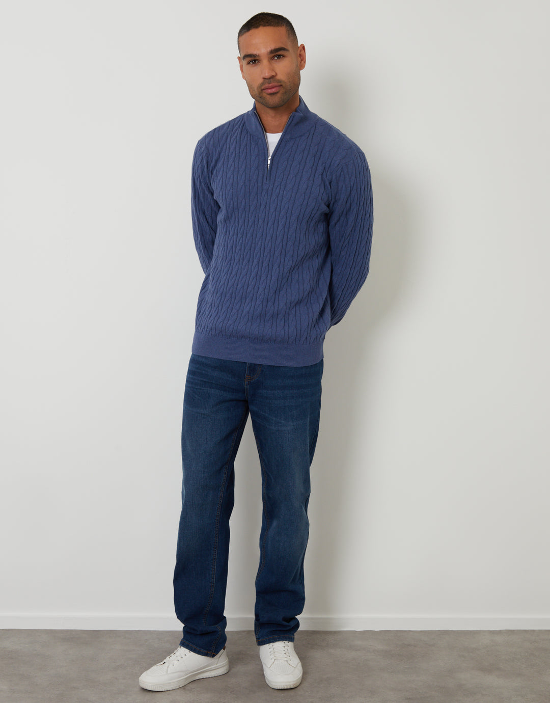 Blue Cable Knit Quarter Zip Jumper