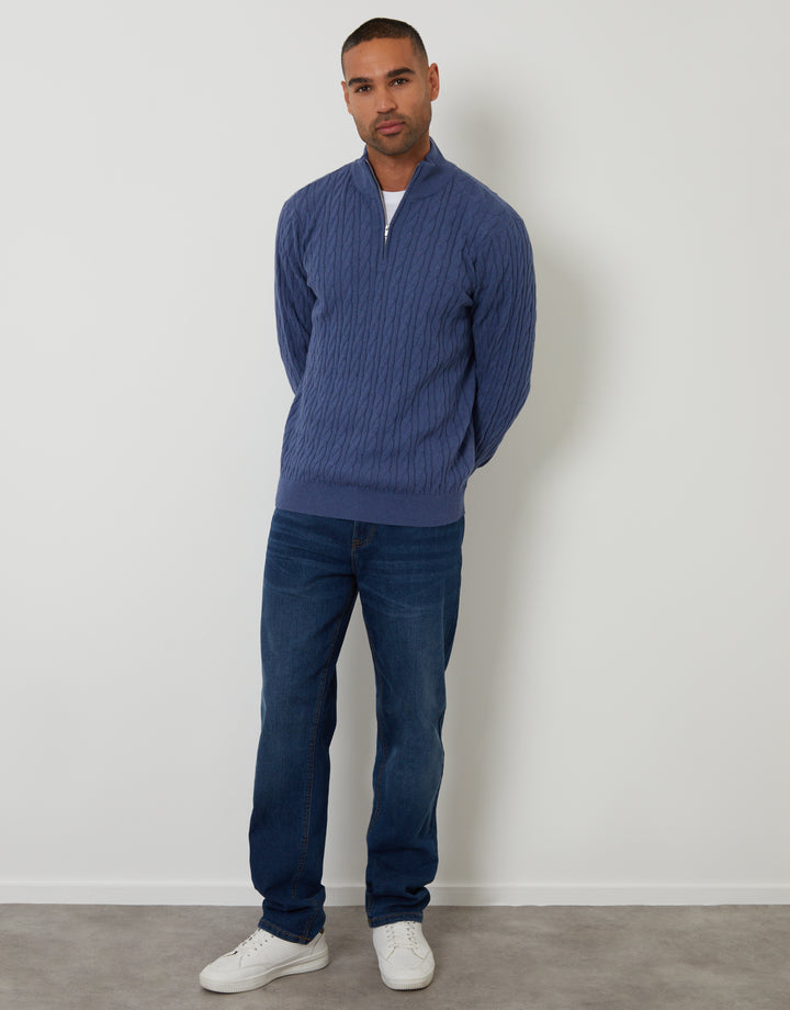 Blue Cable Knit Quarter Zip Jumper