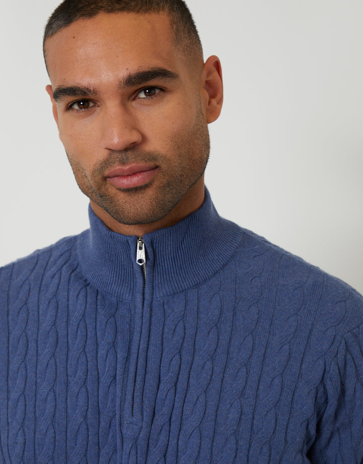 Blue Cable Knit Quarter Zip Jumper