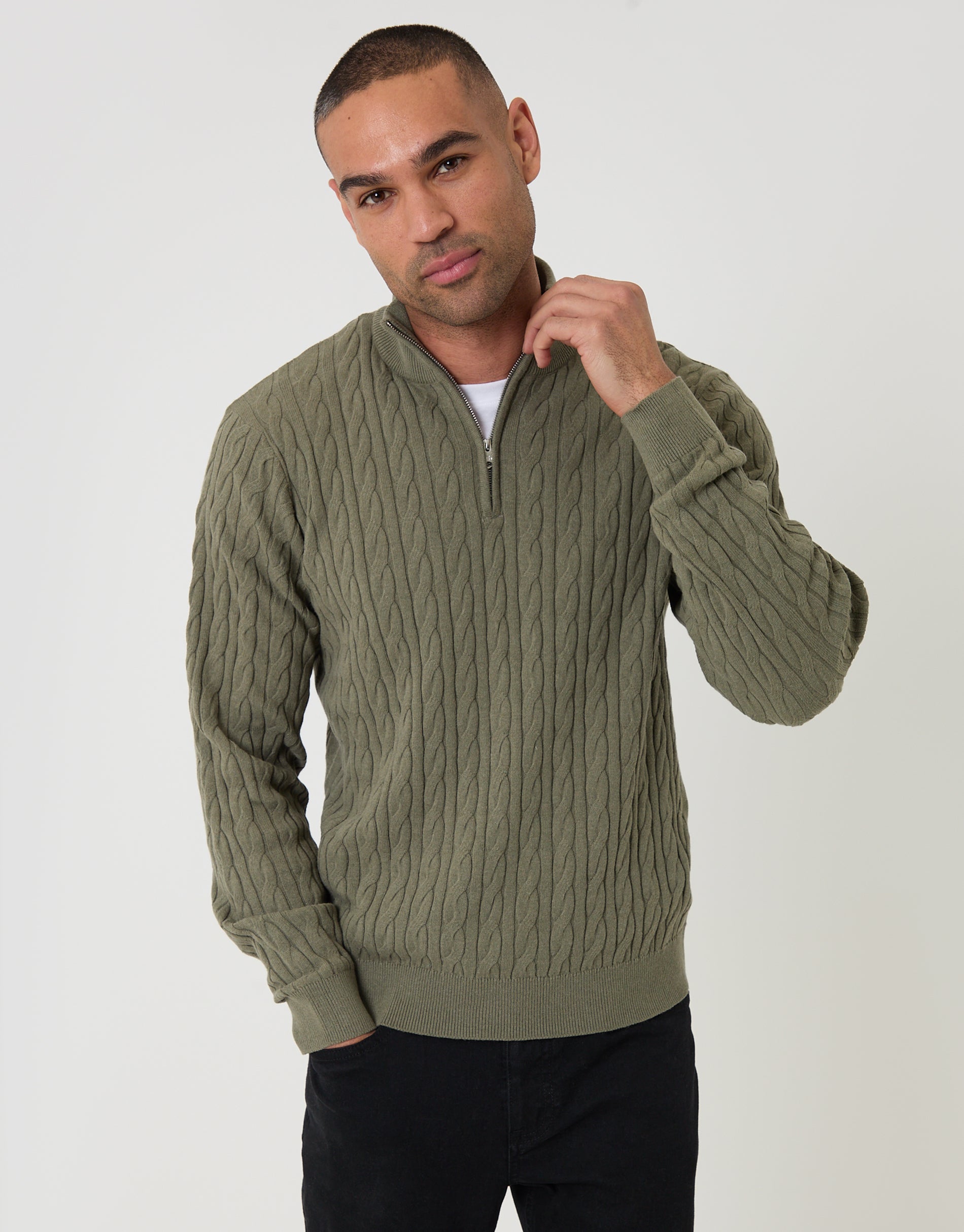 Cable Knit Quarter Zip Jumper in Olive Green