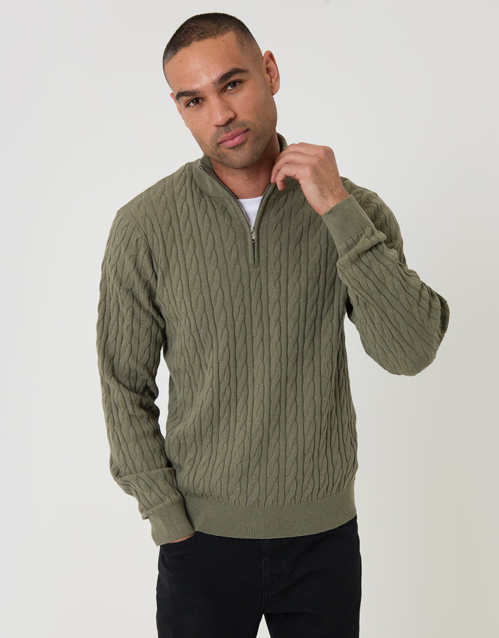 Olive Green Cable Knit Quarter Zip Jumper