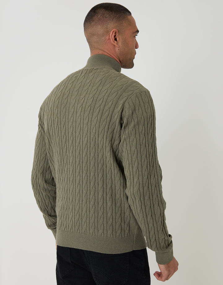 Olive Green Cable Knit Quarter Zip Jumper
