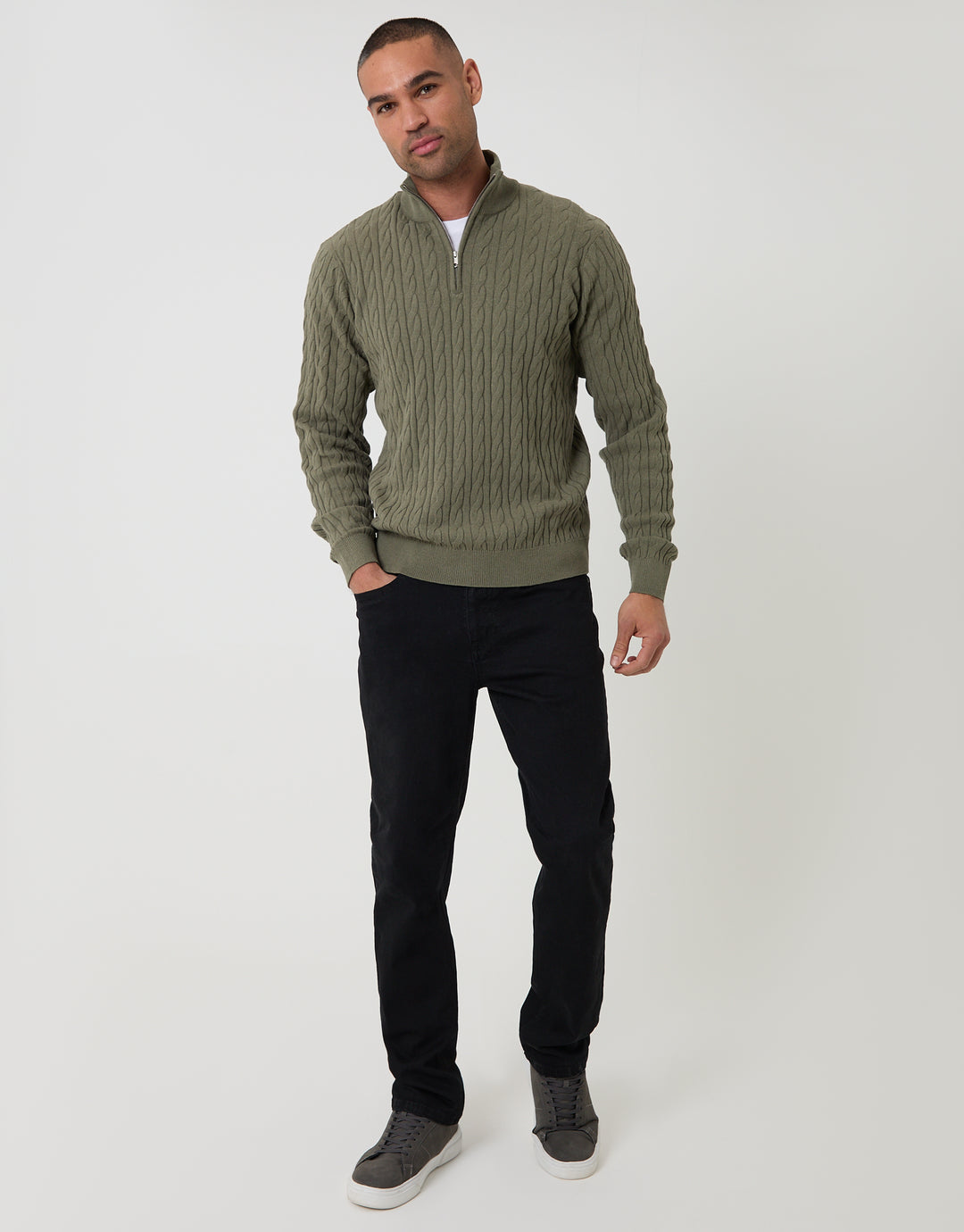 Olive Green Cable Knit Quarter Zip Jumper