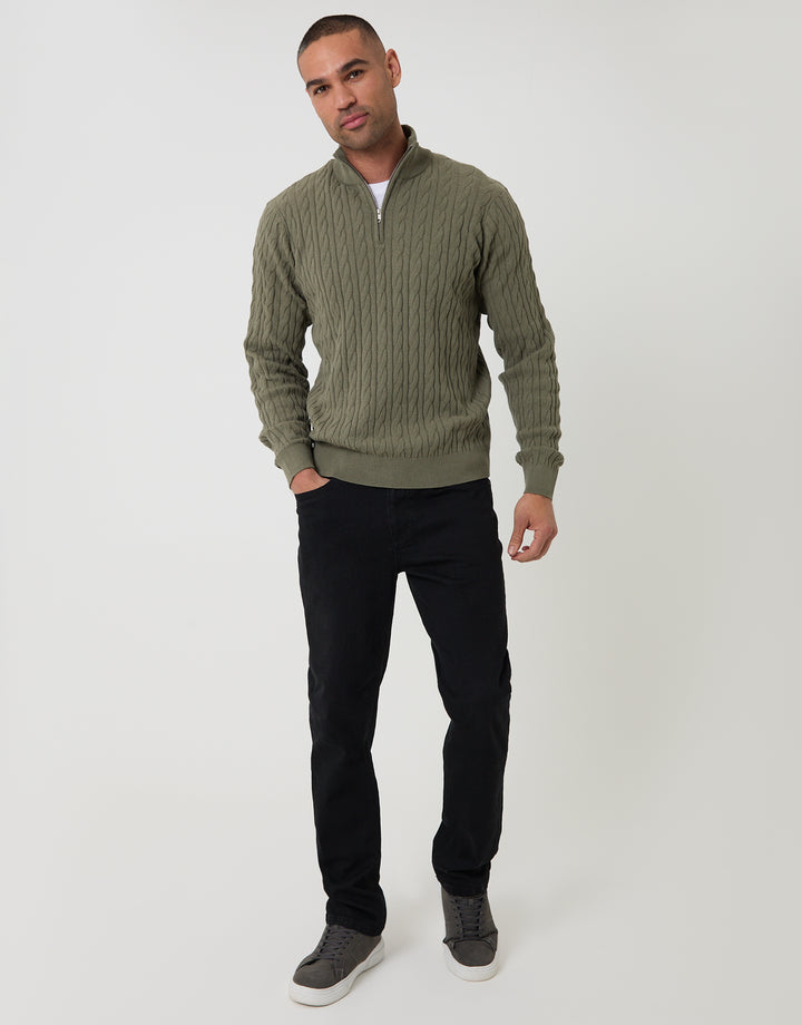 Olive Green Cable Knit Quarter Zip Jumper