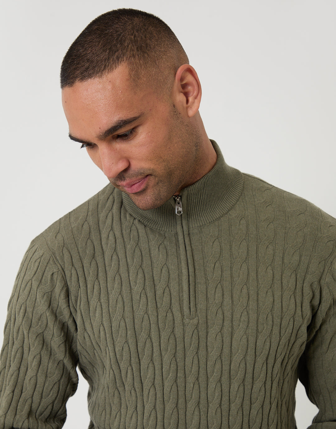 Olive Green Cable Knit Quarter Zip Jumper