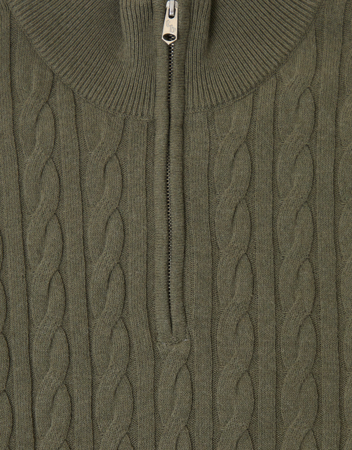 Olive Green Cable Knit Quarter Zip Jumper