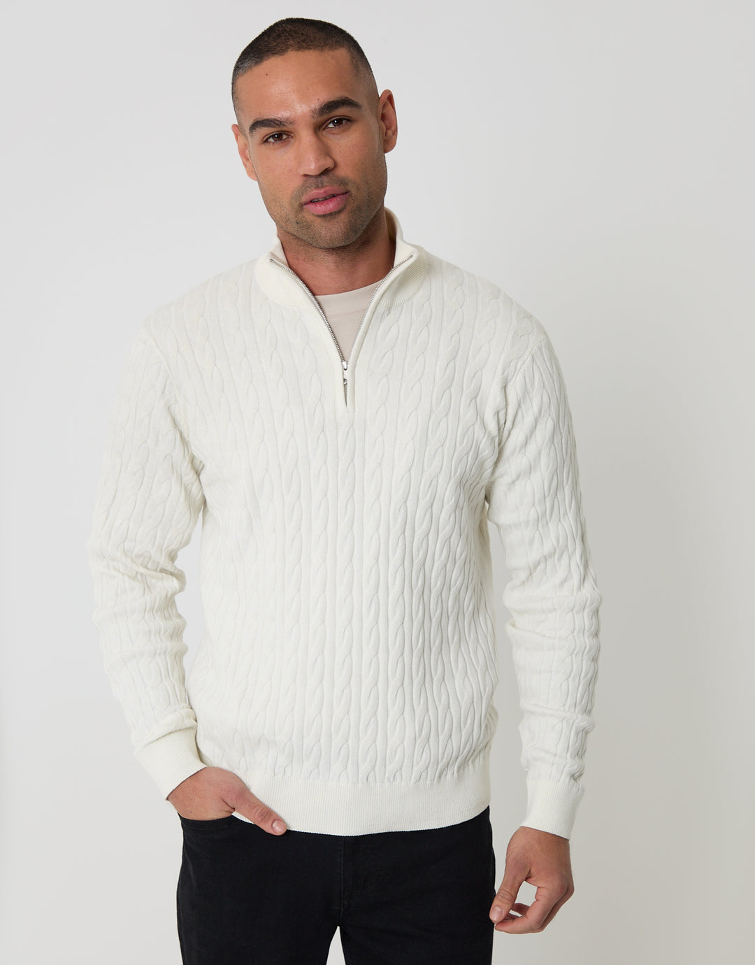 Ecru Cable Knit Quarter Zip Jumper