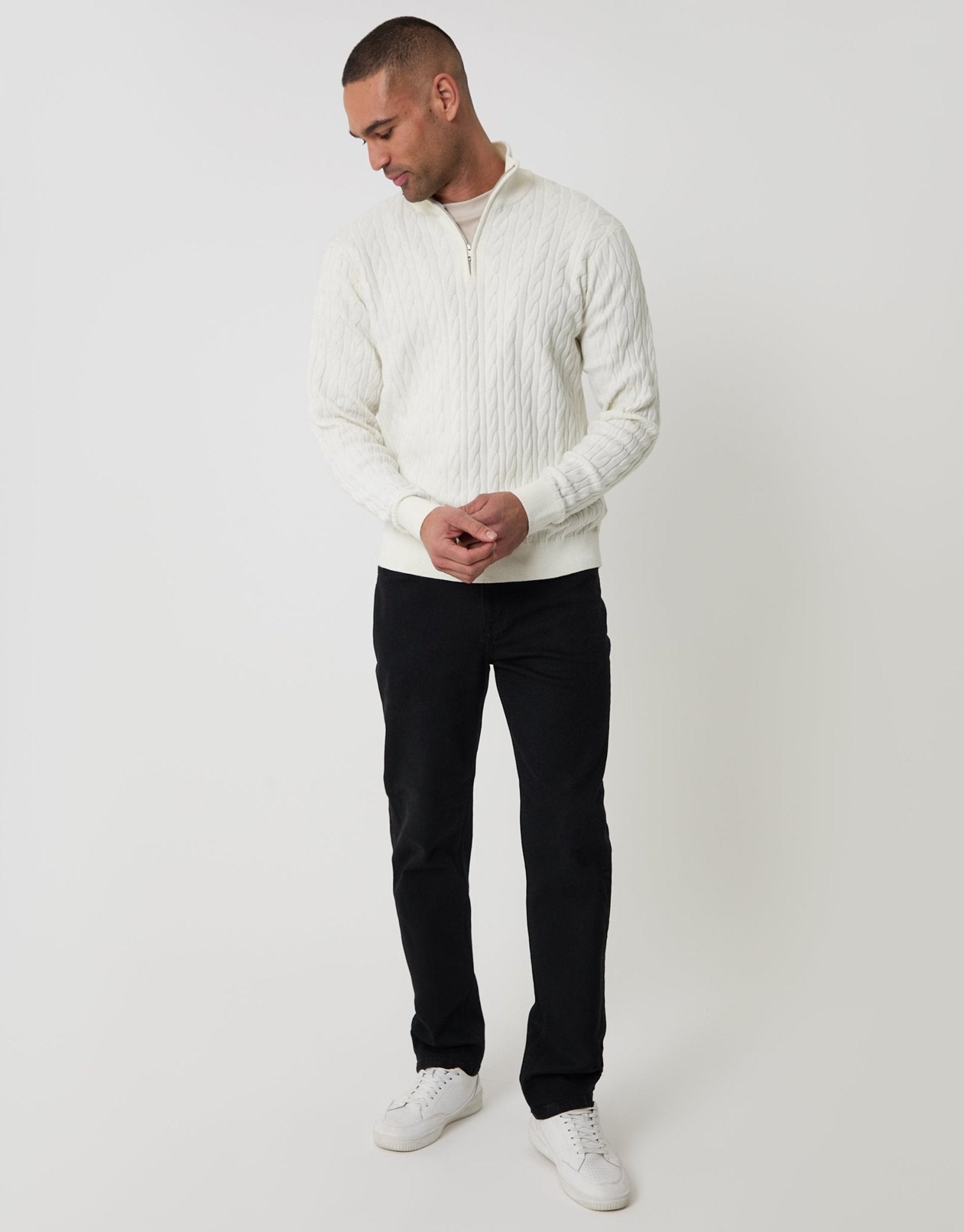 Threadbare Men's Cable Knit Quarter Zip Jumper in Ecru