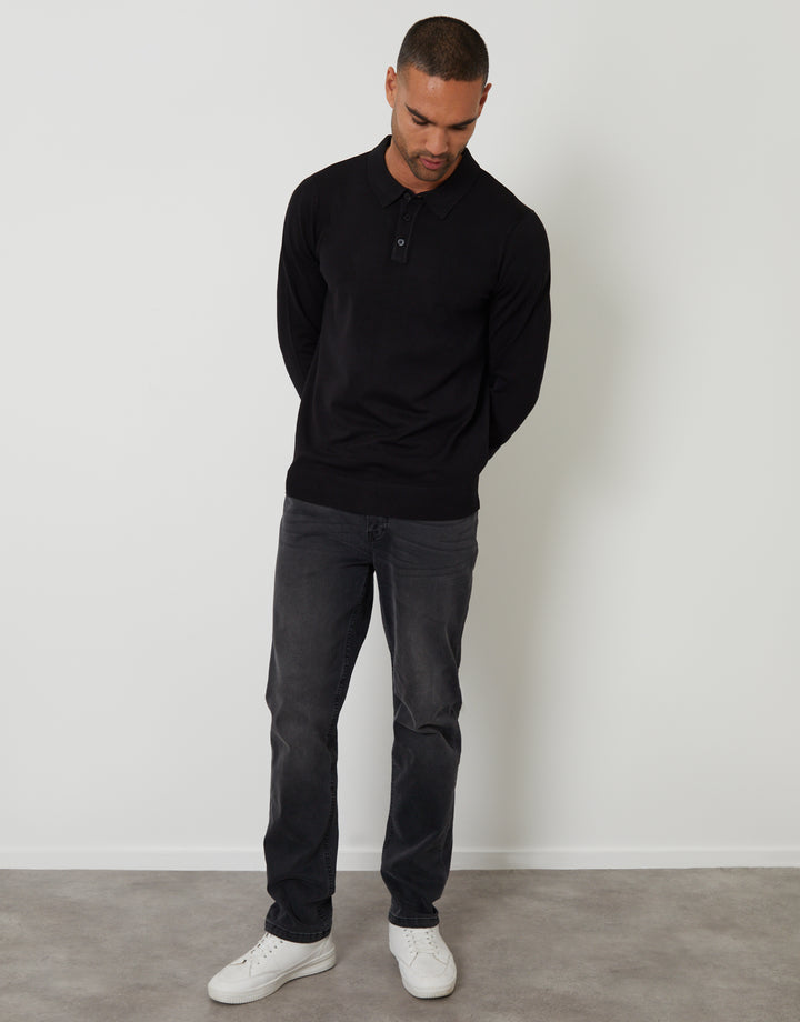 Black Knitted Long Sleeve Polo Jumper