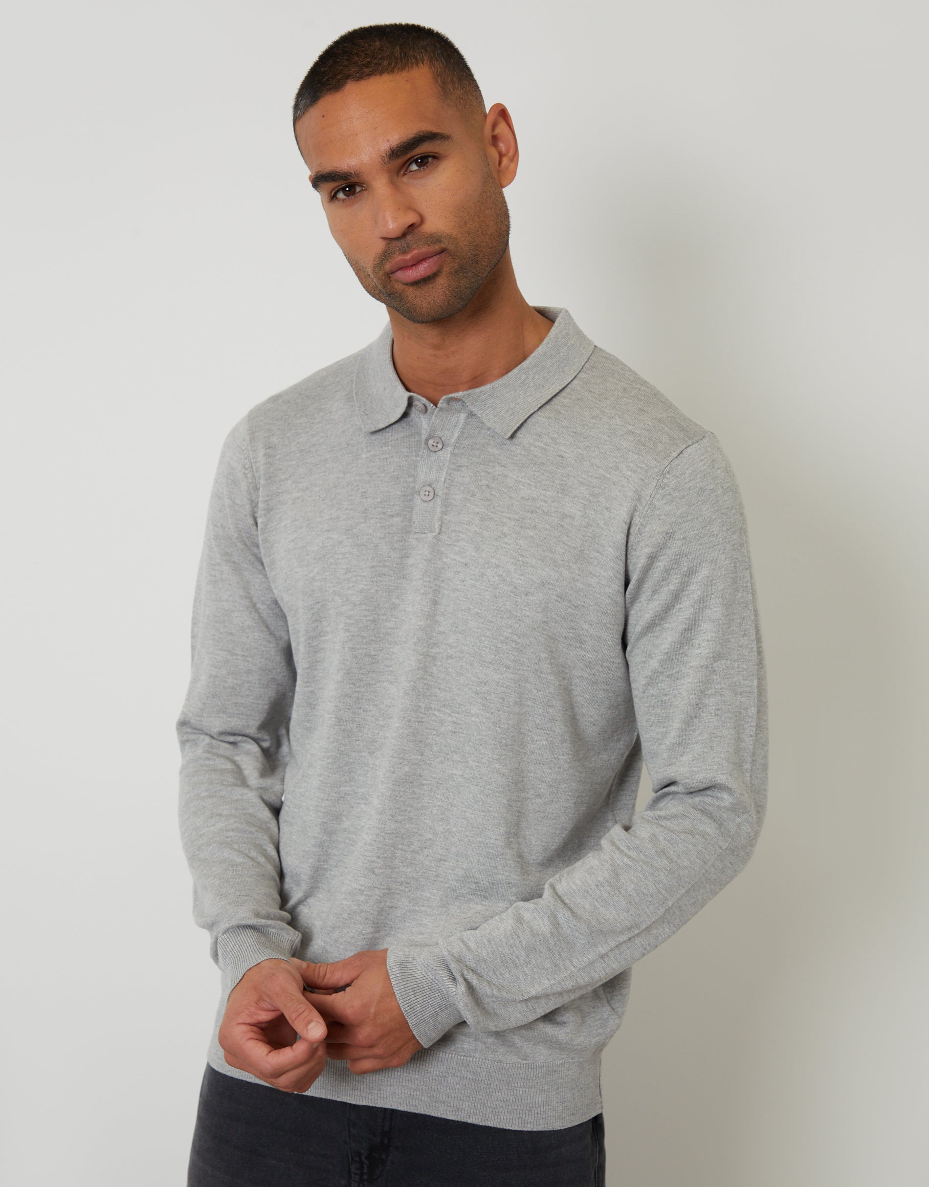 Knitted Long Sleeve Polo Jumper in Grey Marl