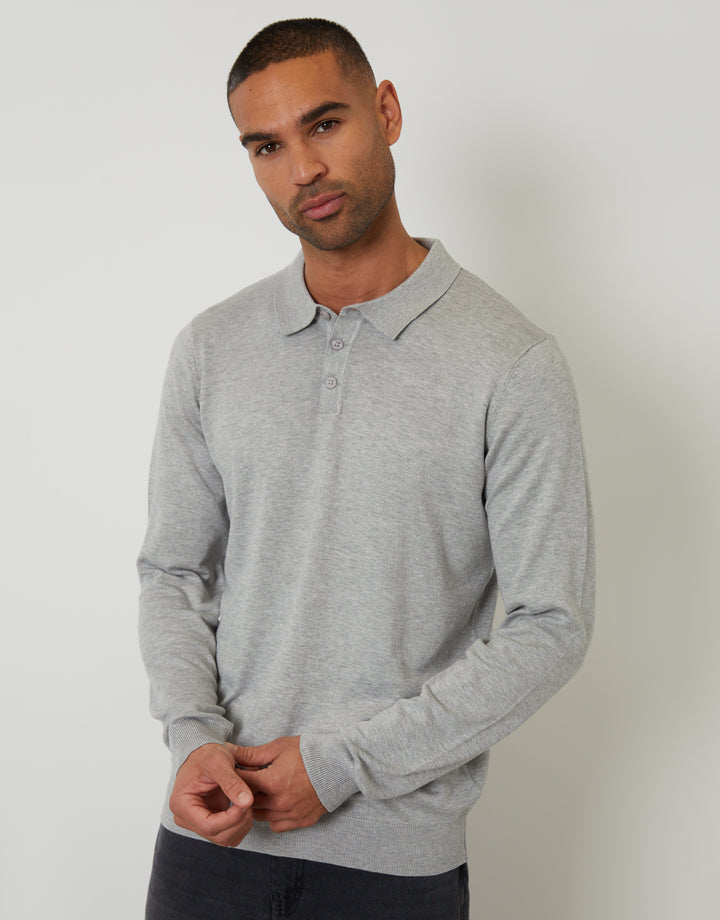 Grey Marl Knitted Long Sleeve Polo Jumper