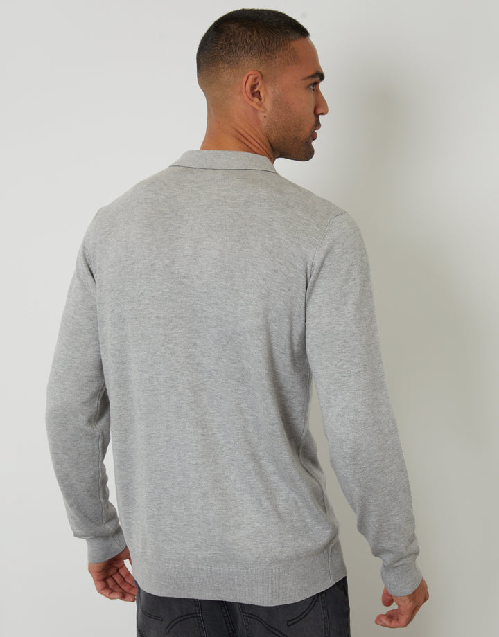 Grey Marl Knitted Long Sleeve Polo Jumper