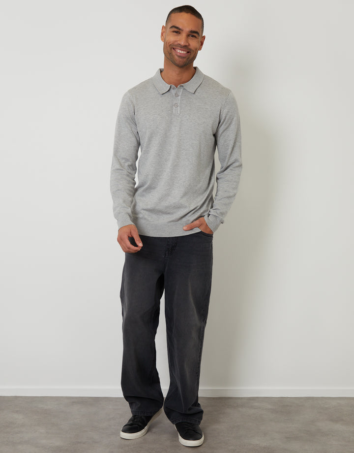 Grey Marl Knitted Long Sleeve Polo Jumper