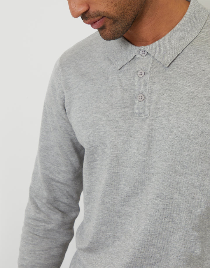 Grey Marl Knitted Long Sleeve Polo Jumper