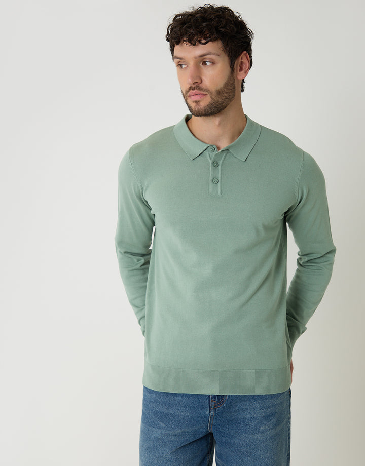 Sage Green Knitted Long Sleeve Polo Jumper