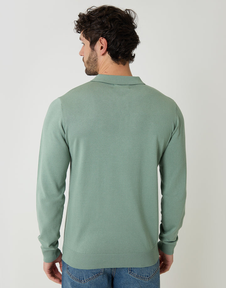 Sage Green Knitted Long Sleeve Polo Jumper