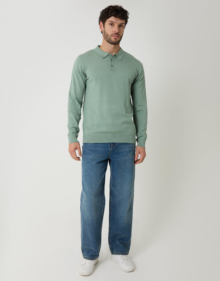 Sage Green Knitted Long Sleeve Polo Jumper