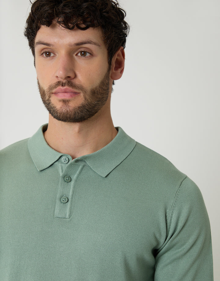 Sage Green Knitted Long Sleeve Polo Jumper