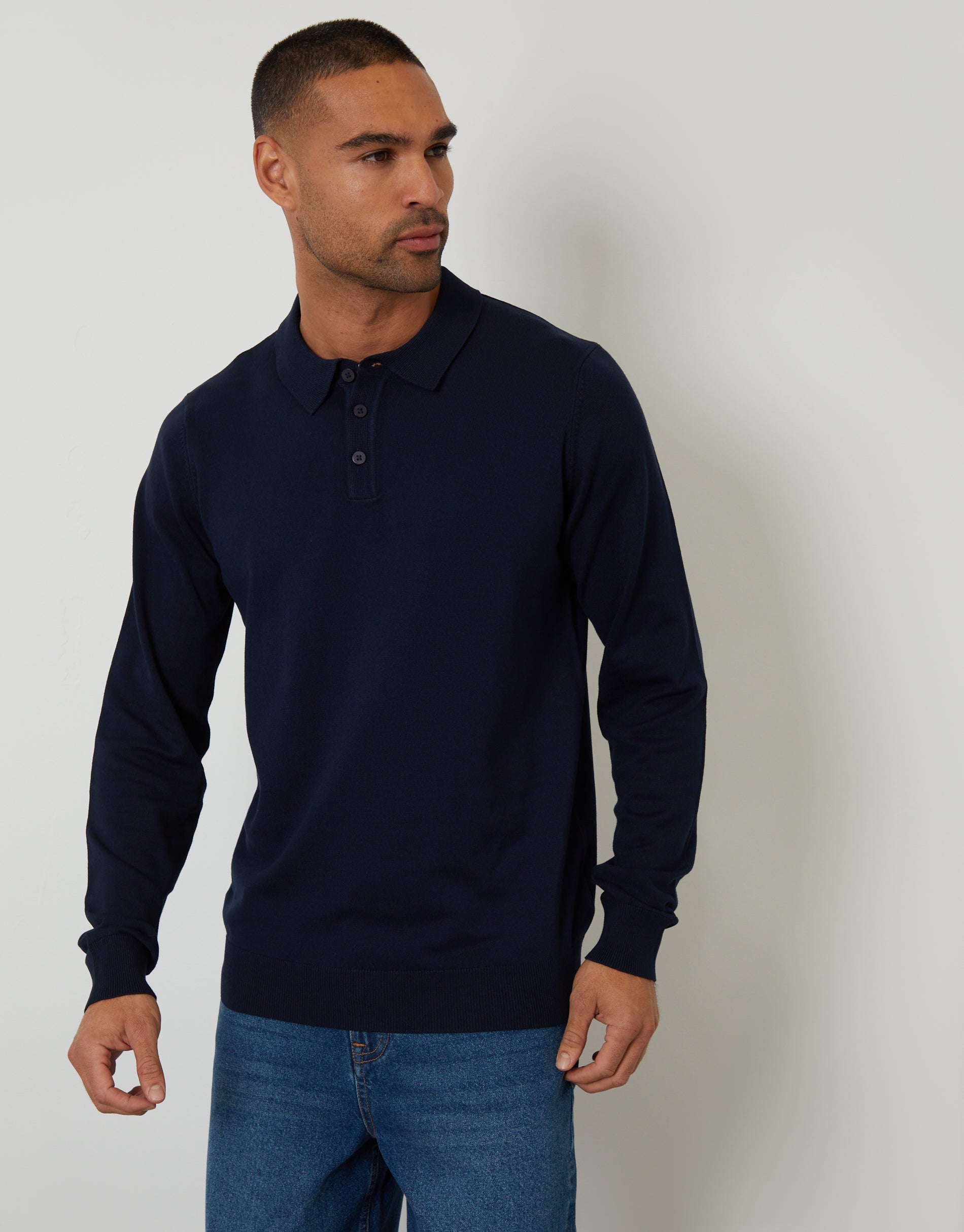 Knitted Long Sleeve Polo Jumper in Navy