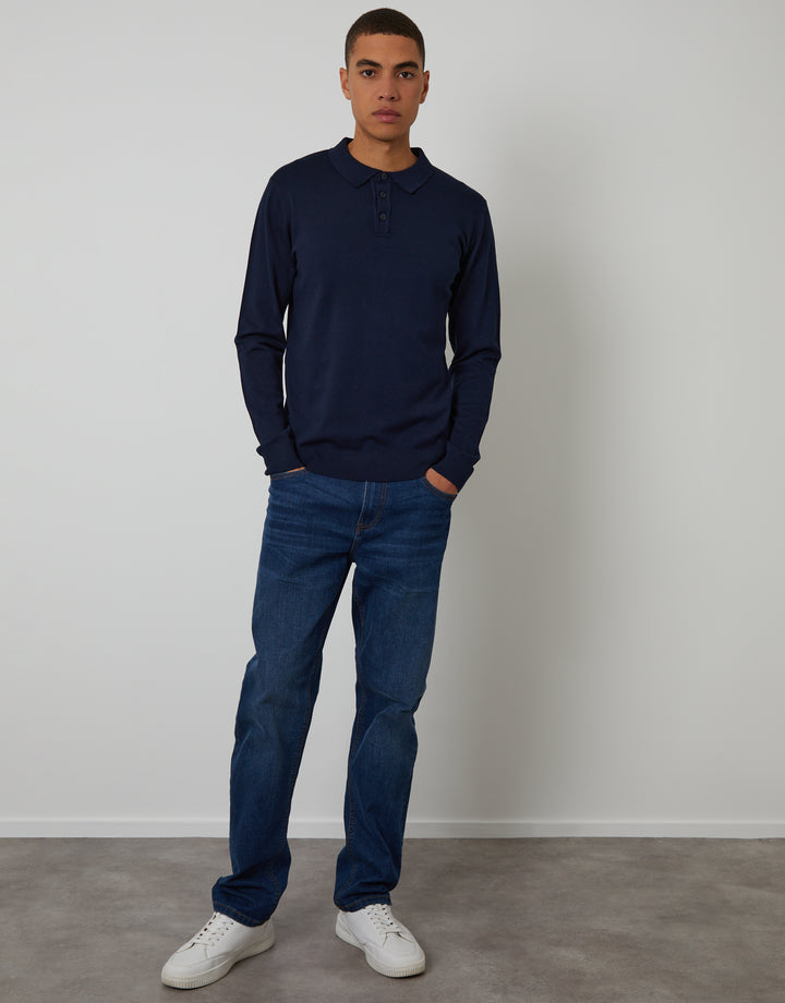 Navy Knitted Long Sleeve Polo Jumper