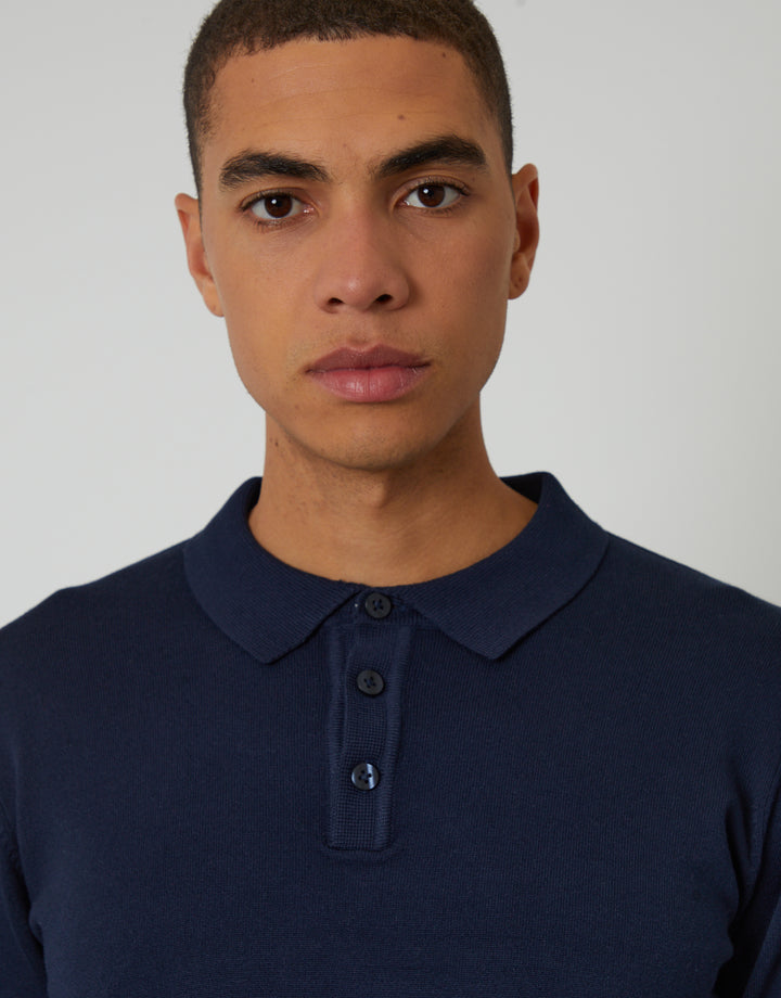Navy Knitted Long Sleeve Polo Jumper