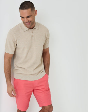 Threadbare Moss Stitch Knitted Polo in Taupe - front view