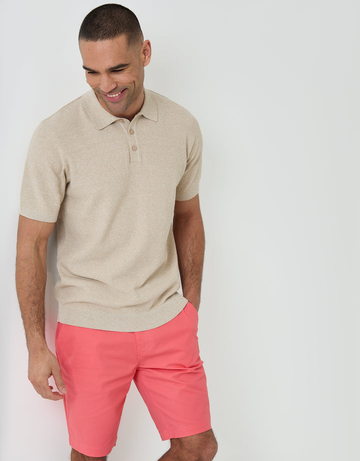 Threadbare Moss Stitch Knitted Polo in Taupe - front view