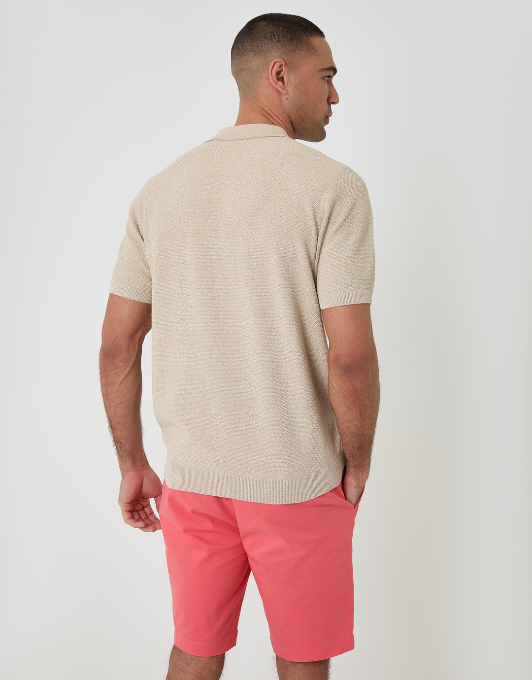 Threadbare Moss Stitch Knitted Polo in Taupe - back view