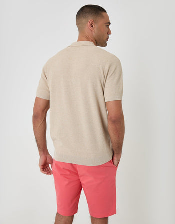 Threadbare Moss Stitch Knitted Polo in Taupe - back view