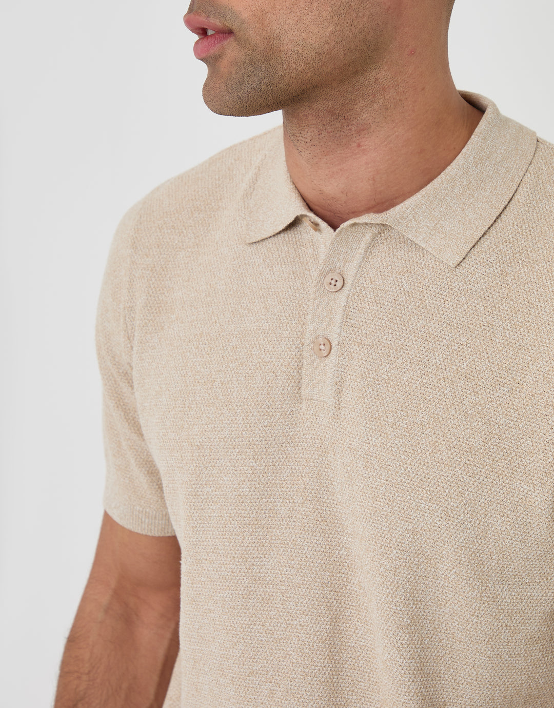 Threadbare Moss Stitch Knitted Polo in Taupe - collar close up