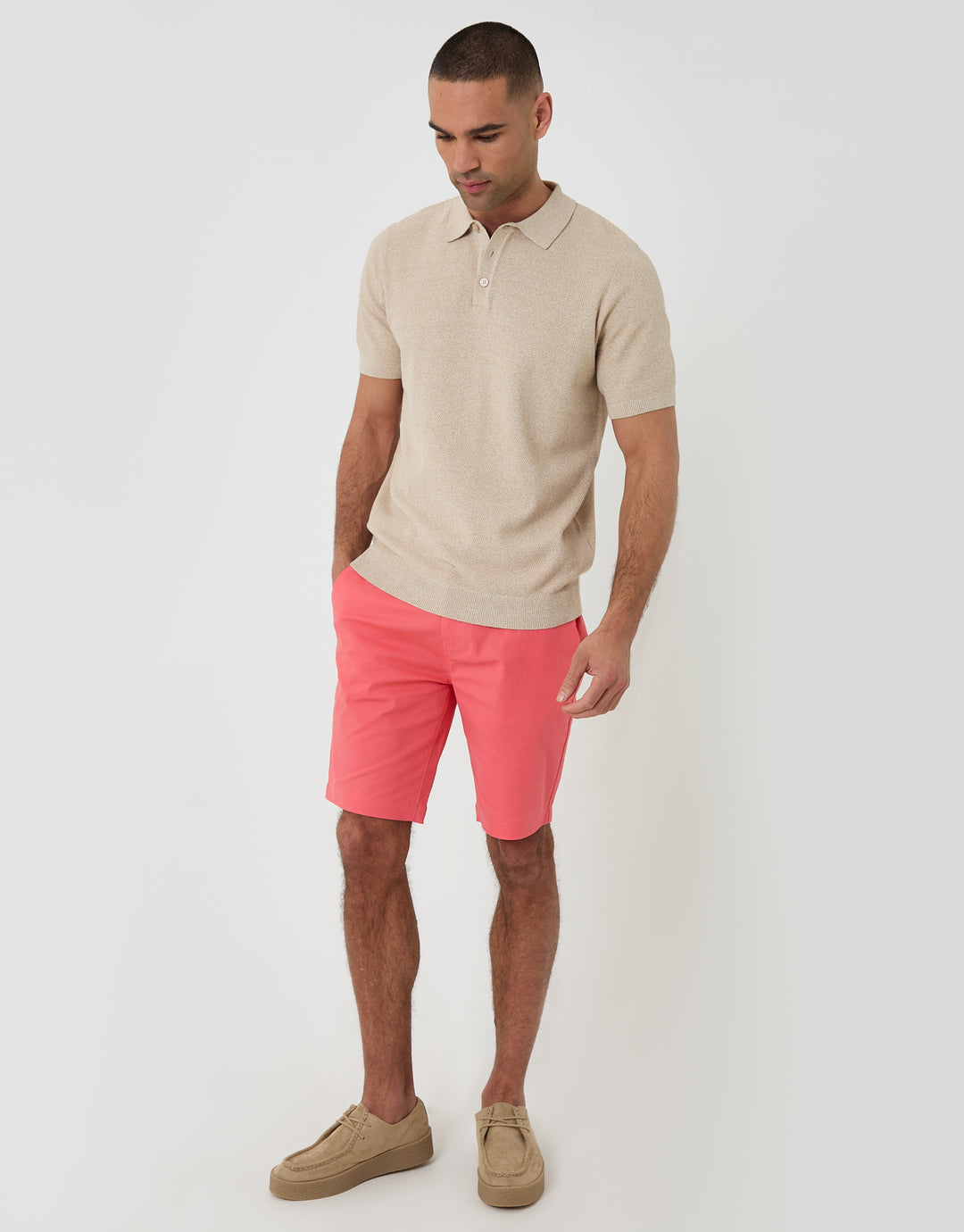 Threadbare Moss Stitch Knitted Polo in Taupe - full body