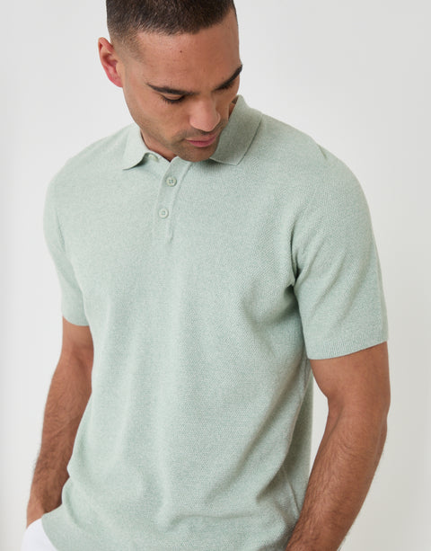 Threadbare Moss Stitch Knitted Polo in Sage Green - front view close up