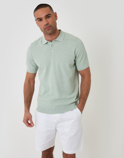 Threadbare Moss Stitch Knitted Polo in Sage Green - front view
